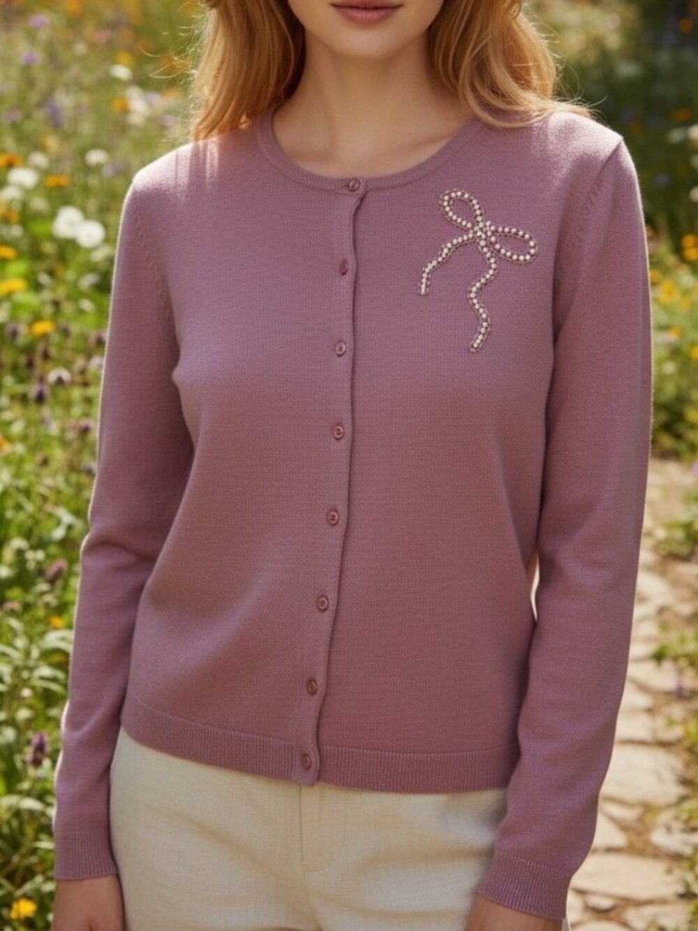 Vintage Christopher & Banks Mauve Pink Pearl Bow Cardigan Sweater XL Cottage - Picture 2 of 7